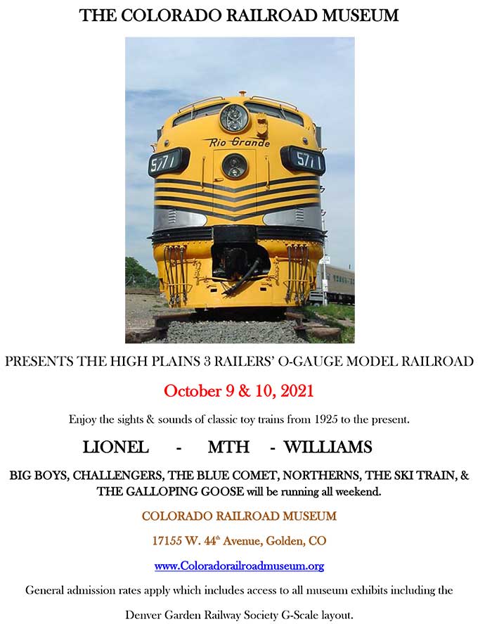 October 9 & 10, 2021 -  LCCA At High Plains 3 Railers at the Railroad Museum, Golden, CO